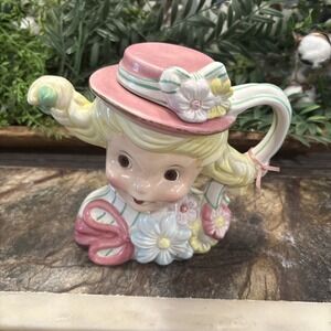Vtg Lefton Pottery Girl Pigtails Hat Teapot 6.5"×8" Mint!